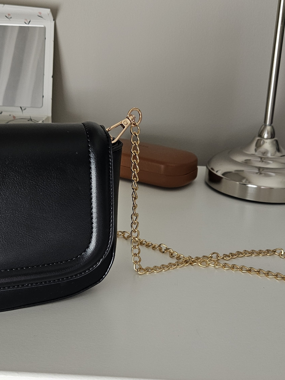 Black Crossbody Bag with Gold Chain Strap